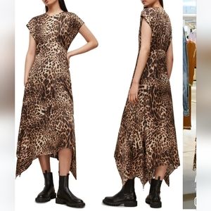 Allsaints Gianna Kiku Animal Print Leopard Asymmetric Midi handkerchief Dress
